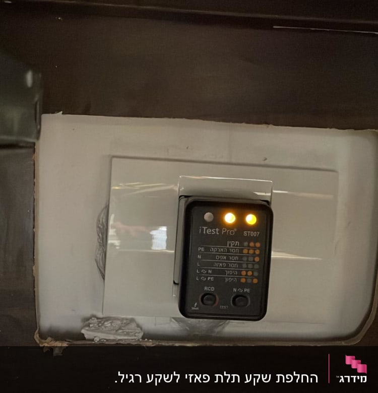 בודק חשמל עם נורות דולקות בשקע קיר
